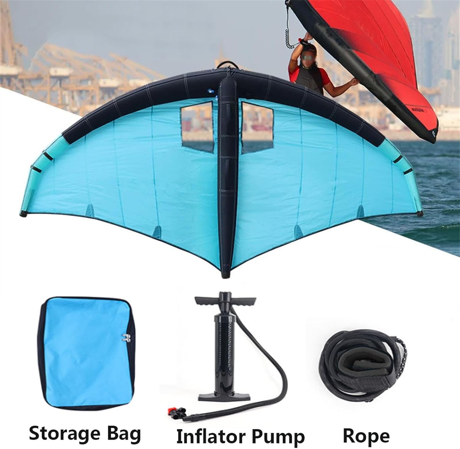 Inflatable Surfing Wing Windsurfing Sail, 5m³ Handheld Inflatable Kite Foil Wing Kite for Wind Wing Foiling, Surfing, Water Play,Blue