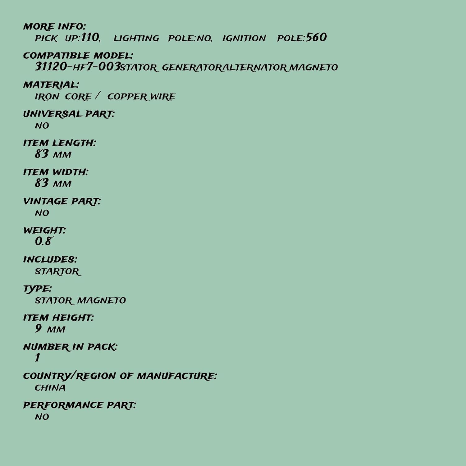 Replacement for Stator for Honda 31120-HF7-003 Stator Generator Alternator Magneto