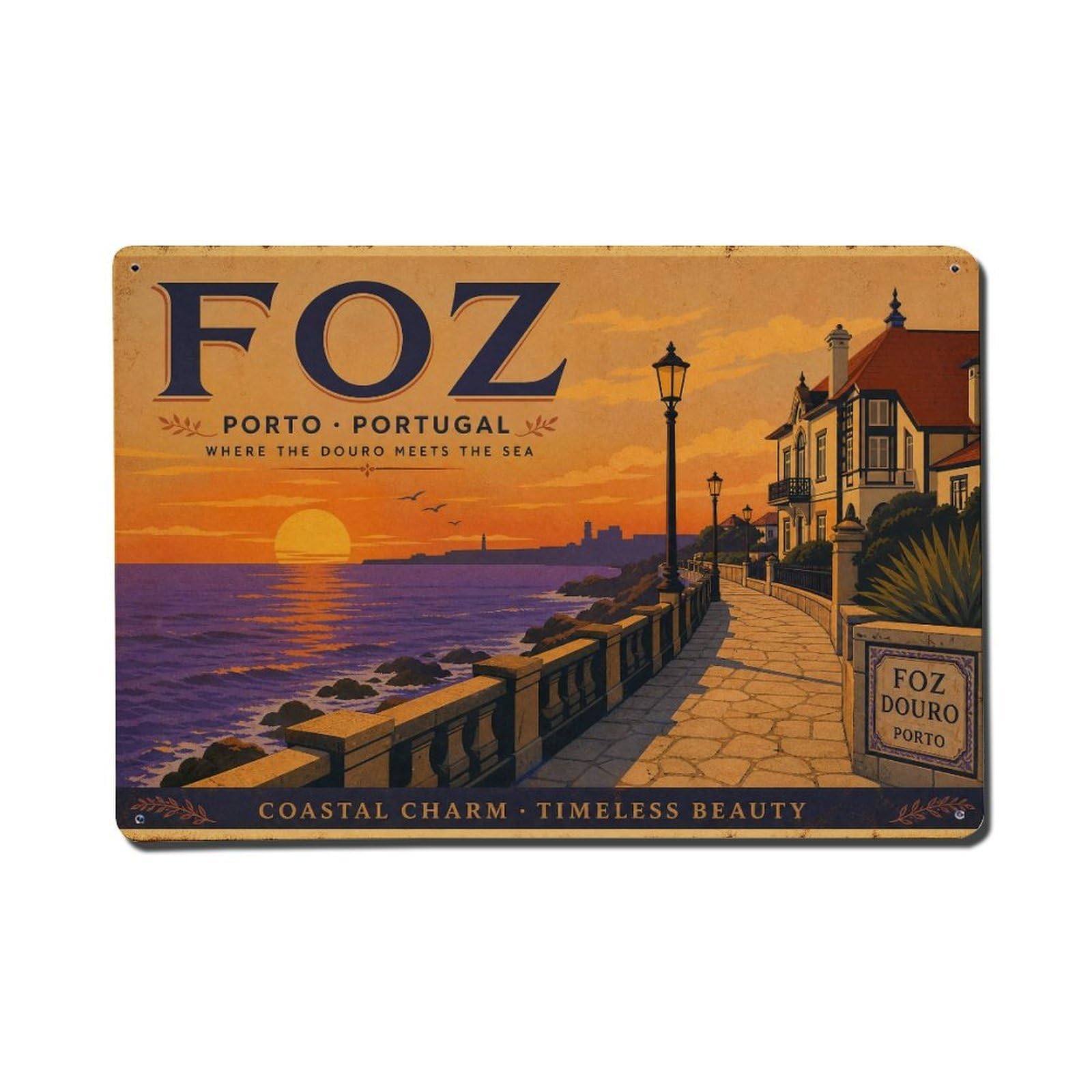 Vintage Travel Foz Boardwalk Sunset Promenade Ocean Metal Tin Sign