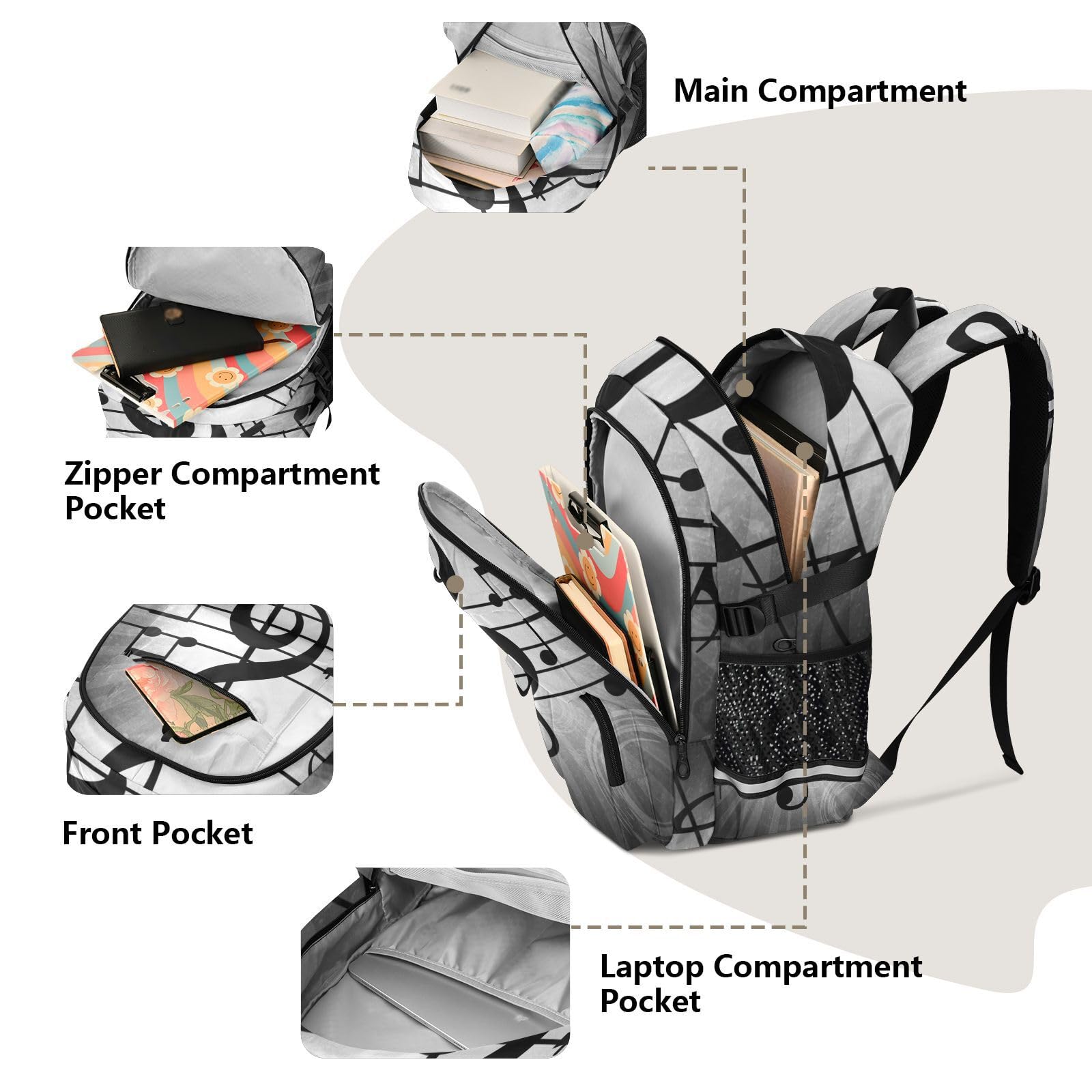 Mnsruu Musiknoten-Schulrucksack mit Laptopfach, große Schultasche für Teenager, Mädchen, Jungen, 17,5 cm Reiserucksack, Rucksack für Schule, Freizeit, Tagesrucksäcke, College, Arbeit