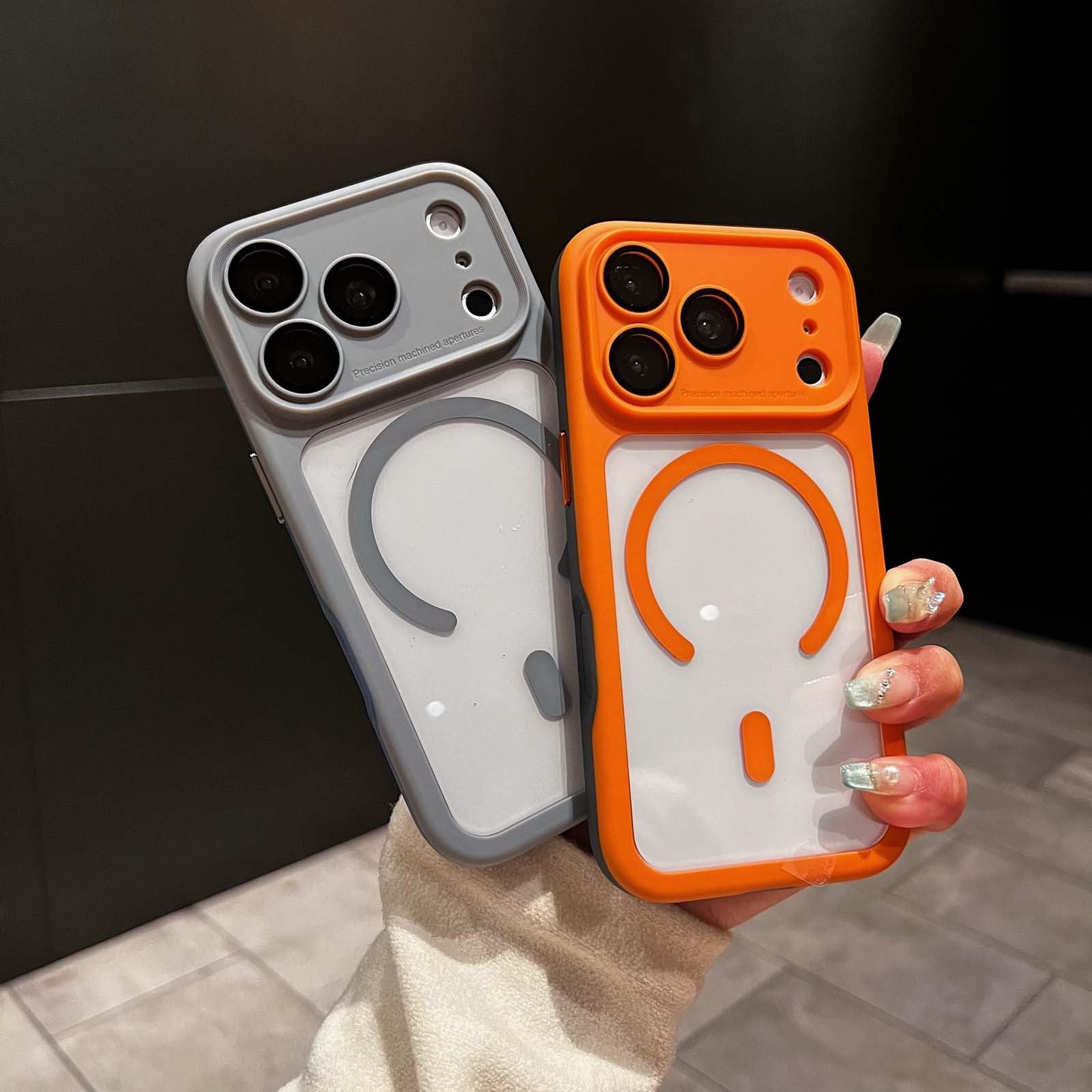 Carcasa genérica compatible con iPhone 15 Pro Max (color: naranja) Carcasa magnética a prueba de golpes de silicona rígida transparente
