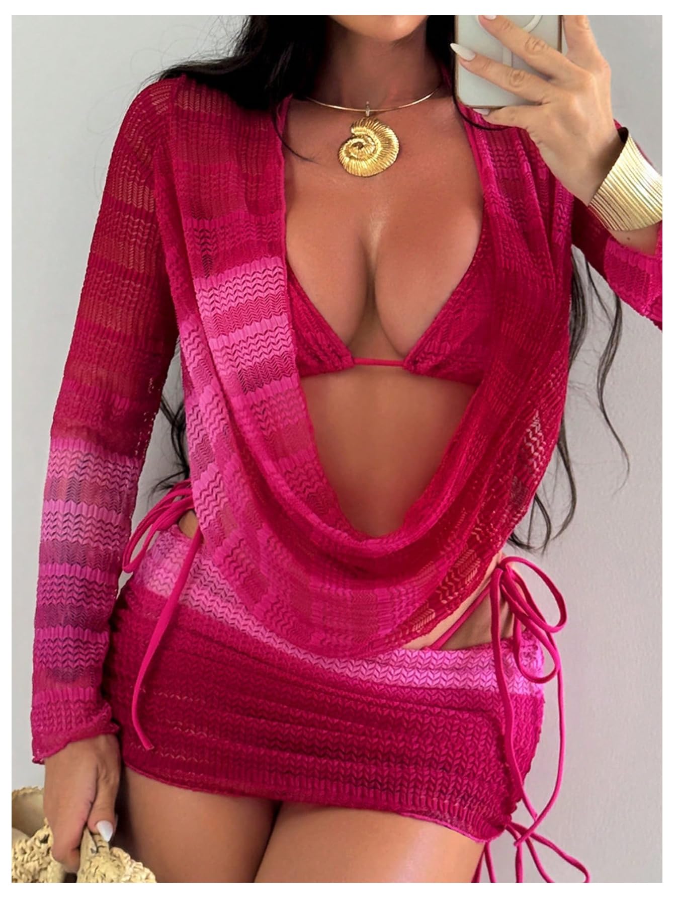 Women's Bathing Suits 4 Piece Swimsuits Crochet Triangle Halter Thong Bikini Set with Cover Ups