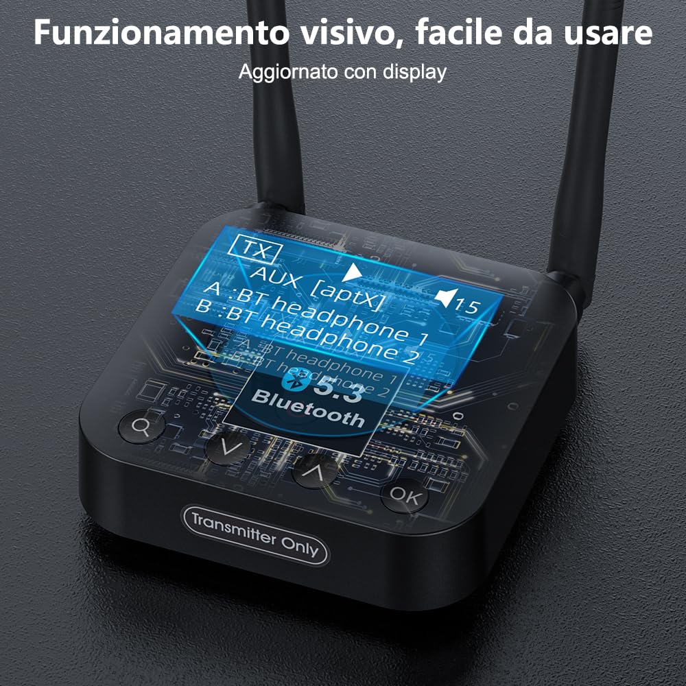 1Mii B06TX+ Trasmettitore Bluetooth 5.3 per TV a 2 Cuffie Bluetooth, Adattatore Bluetooth TV con Display Facile Abbinamento, Ingresso Ottico/Coassiale/AUX, aptX Bassa Latenza/HD per PC/Proiettore