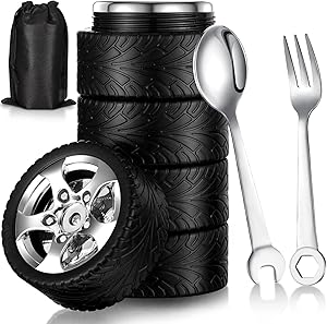 3 Pieces Tyre Water Bottle Gift for Man Stainless Steel Coffee Tea Mug with Tool Fork and Spoon for Valentine&#39;s Day Car Lover Father Birthday Gift