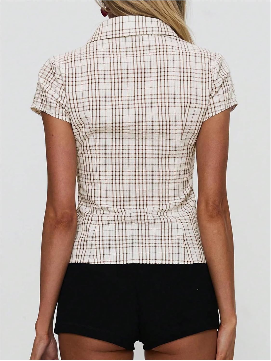 GORGLITTER Women's Gingham Button Up Fitted Shirts Y2K Short Sleeve Lapel Collared V Neck Dressy Casual Blouses - Image 2