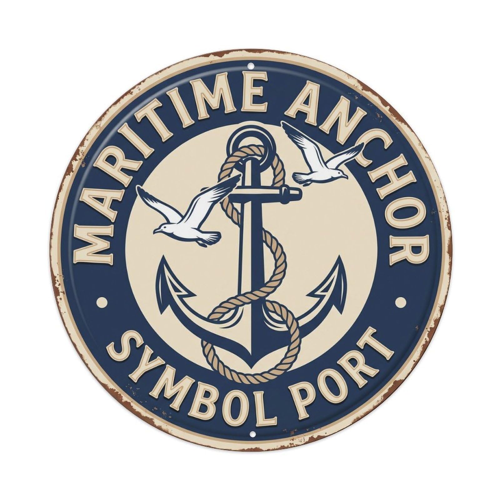 Anchor Maritime Symbol Port Emblem Metal Tin Sign Plaque Wall Decor for Cafe, Club, Garden Round Metal Poster 8x8Inch