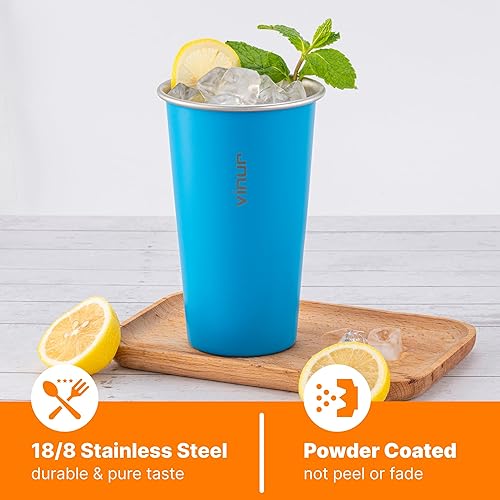 Miniatura 3 de VINUR Vasos de acero inoxidable de 20 onzas, paquete de 4 vasos apilables de metal para viajes, campamento, exteriores (azul cielo, naranja, rosa