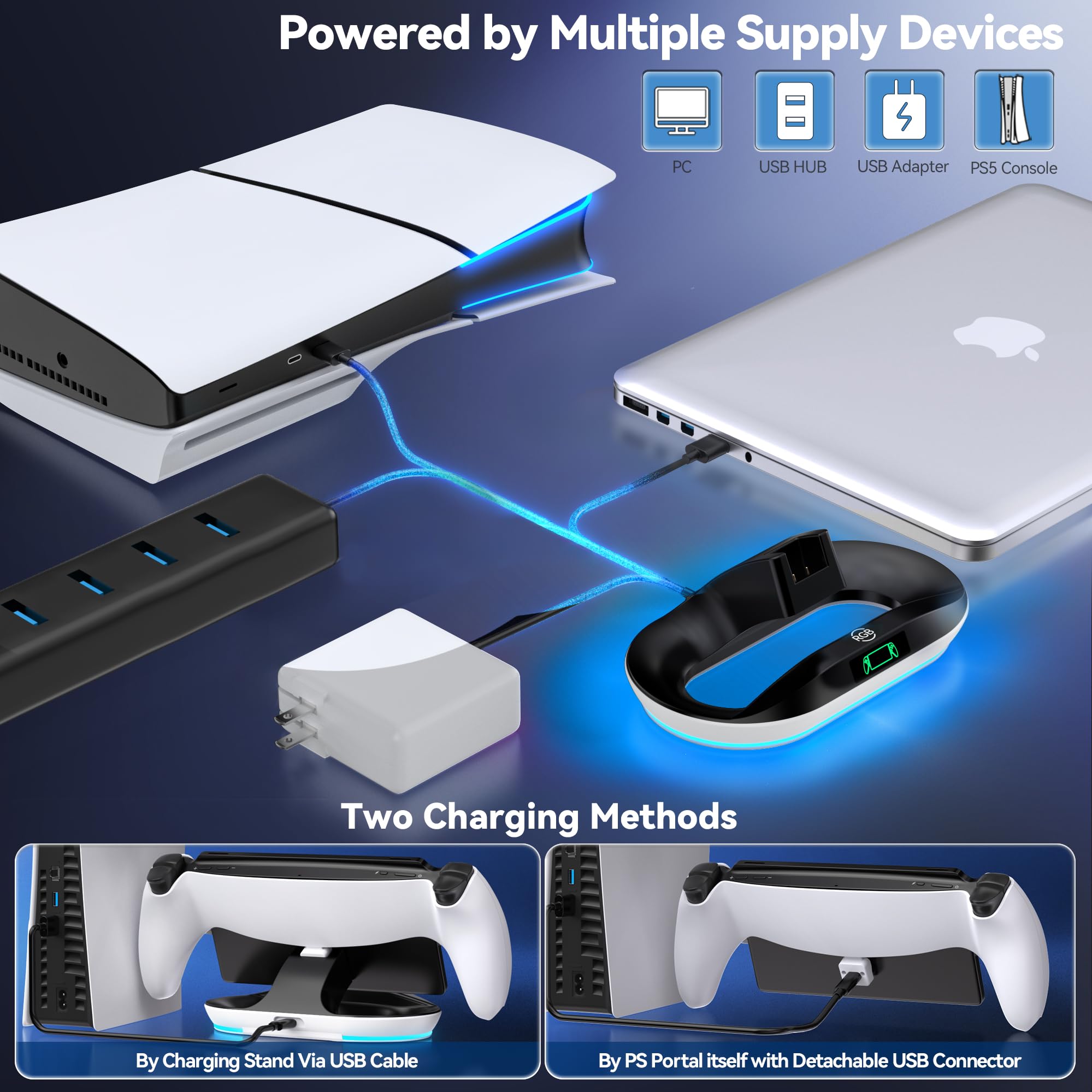 Support de Charge pour Lecteur à Distance PS Portal, Station de Charge Portable PS avec 9 Modes LED, Chargeur de Support PS, Station d’Accueil Portal avec Connecteur Magnétique, Socle Portable PS