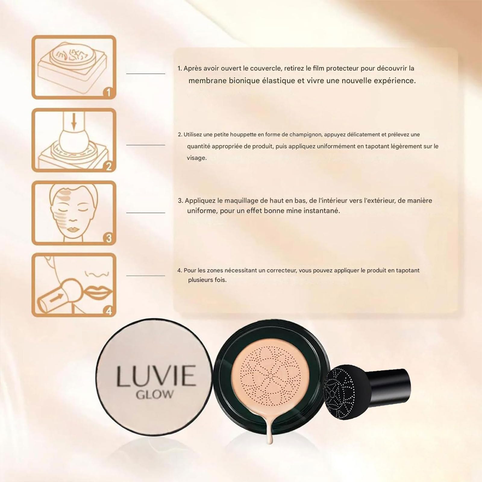 Luvie Glow Foundation Cushion, Coussin d'Air Tête de Champignon Cc Cream, Fond de Teint CC Cream, Hydratant Longue Durée, Teint Uniforme pour Tous Les Types de Peau (Chaud)