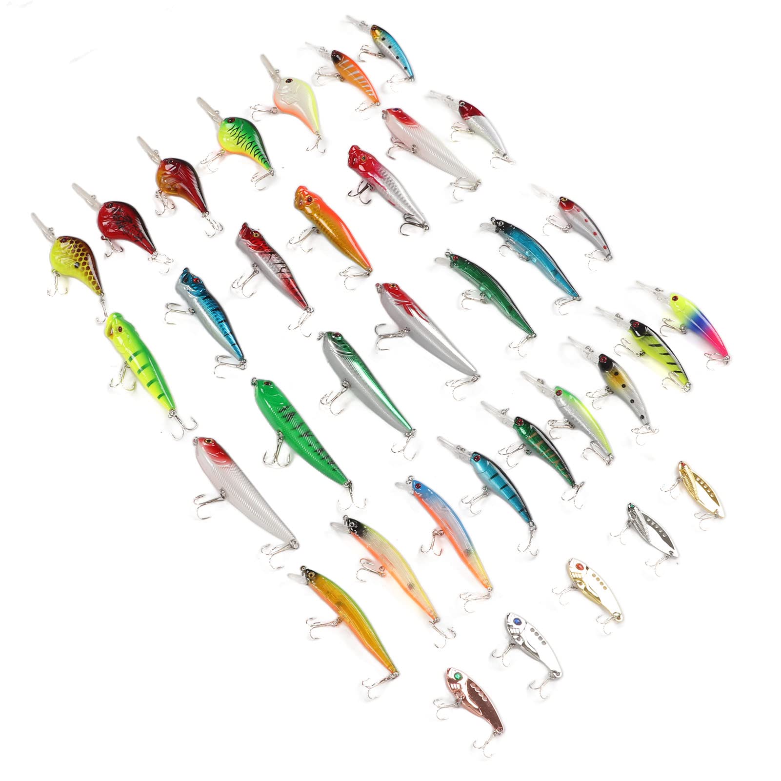 Cebo Artificial Duro, Kit 35 Piezas Señuelos Minnow Mezclados, Material Resistente, Aplicación Agua Dulce y Salada, Para Pesca en Barco, Lago, Río