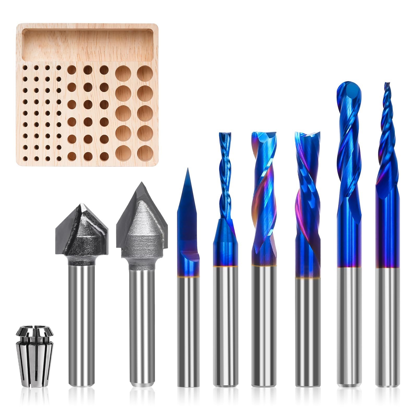 Juego de 8 brocas de enrutador CNC con vástago de 1/4 pulgadas, fresa de extremo de carburo multiusos para recortar ranura en V, grabado de resina, letreros, con pinza ER11, estante de almacenamiento
