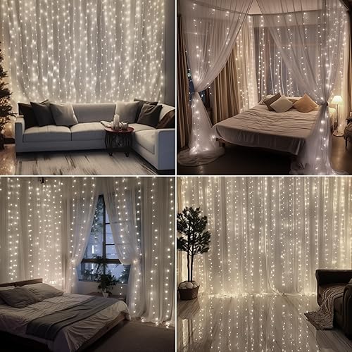 Miniatura 7 de Luces de cortina mejoradas de 300 LED a pilas para exteriores, impermeables, 10 x 10 pies, luces de cascada colgantes parpadeantes con control