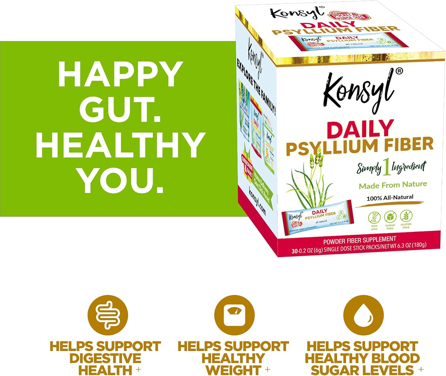 Konsyl Daily Psyllium Fiber Stick Packs - On-The-Go Psyllium Husk Daily Fiber Supplement Powder - Convenient, All-Natural Soluble Fiber, Gluten-Free & Sugar-Free, Vegan & Keto Friendly - 30 Packets : Health & Household