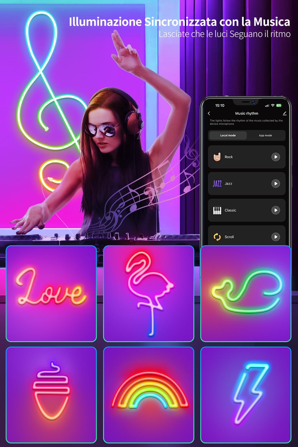 Beaeet Striscia LED Neon 3 metri, LED Striscia Neon RGB+IC con Controllo App, Controllo segmentato del colore della luce LED, Compatibile con Alexa, LED Neon per Camera da Letto, Halloween, Natale