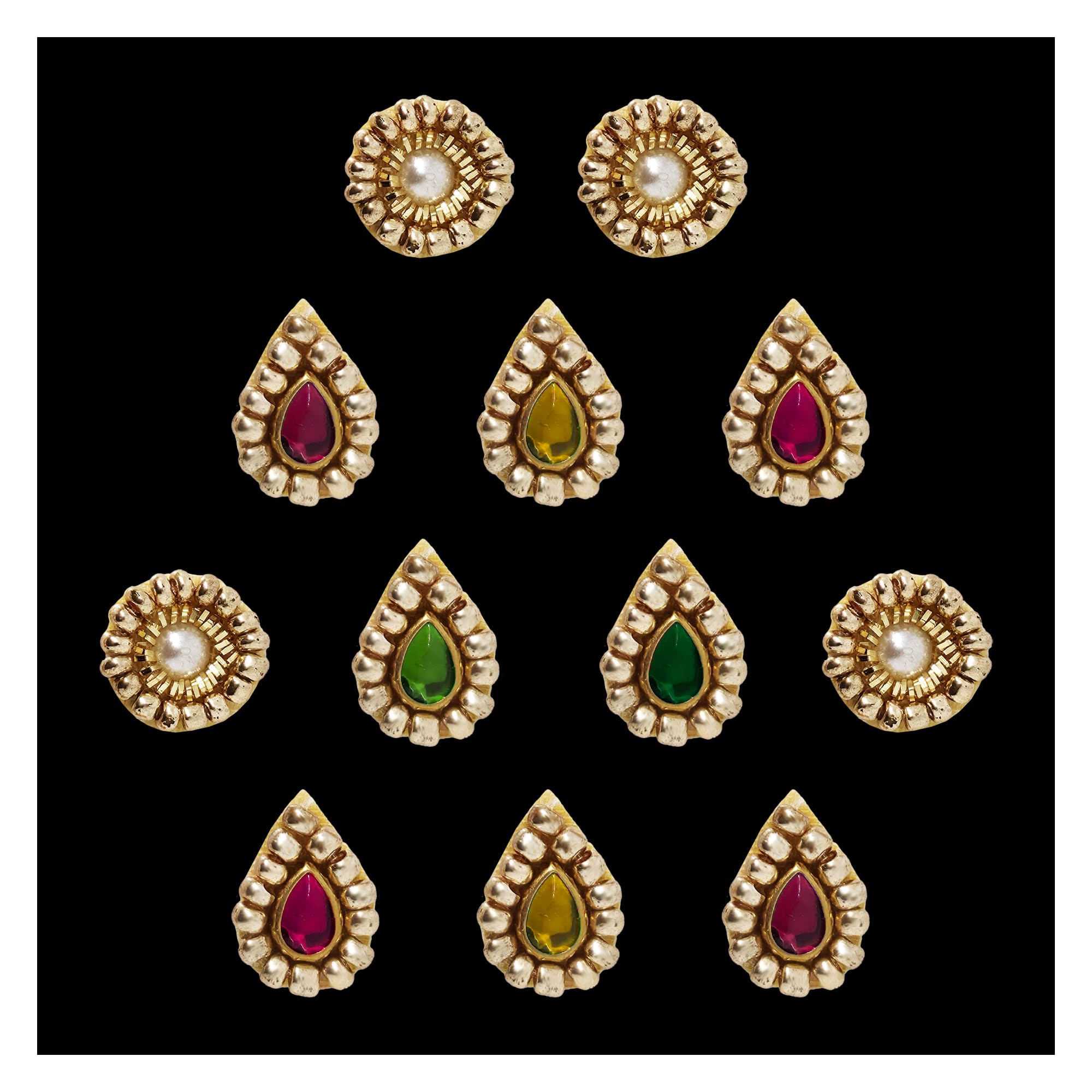 Indira by Comet Busters® Premium Kundan Velvet Base Bindis – 10mm Round & 12mm Teardrop Designer Bindi with Stone & Pearl Floral Work (12 Bindis) (CIND092)-picture-15
