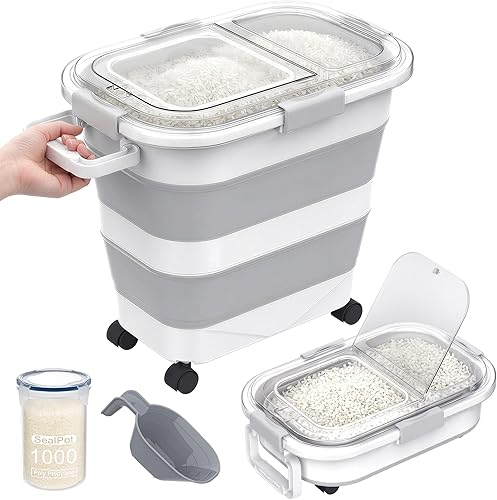 Miniatura 8 de HOYTAMDA 25-35Lbs Contenedor de arroz, contenedores plegables herméticos de almacenamiento de alimentos con ruedas, asa, contenedor de