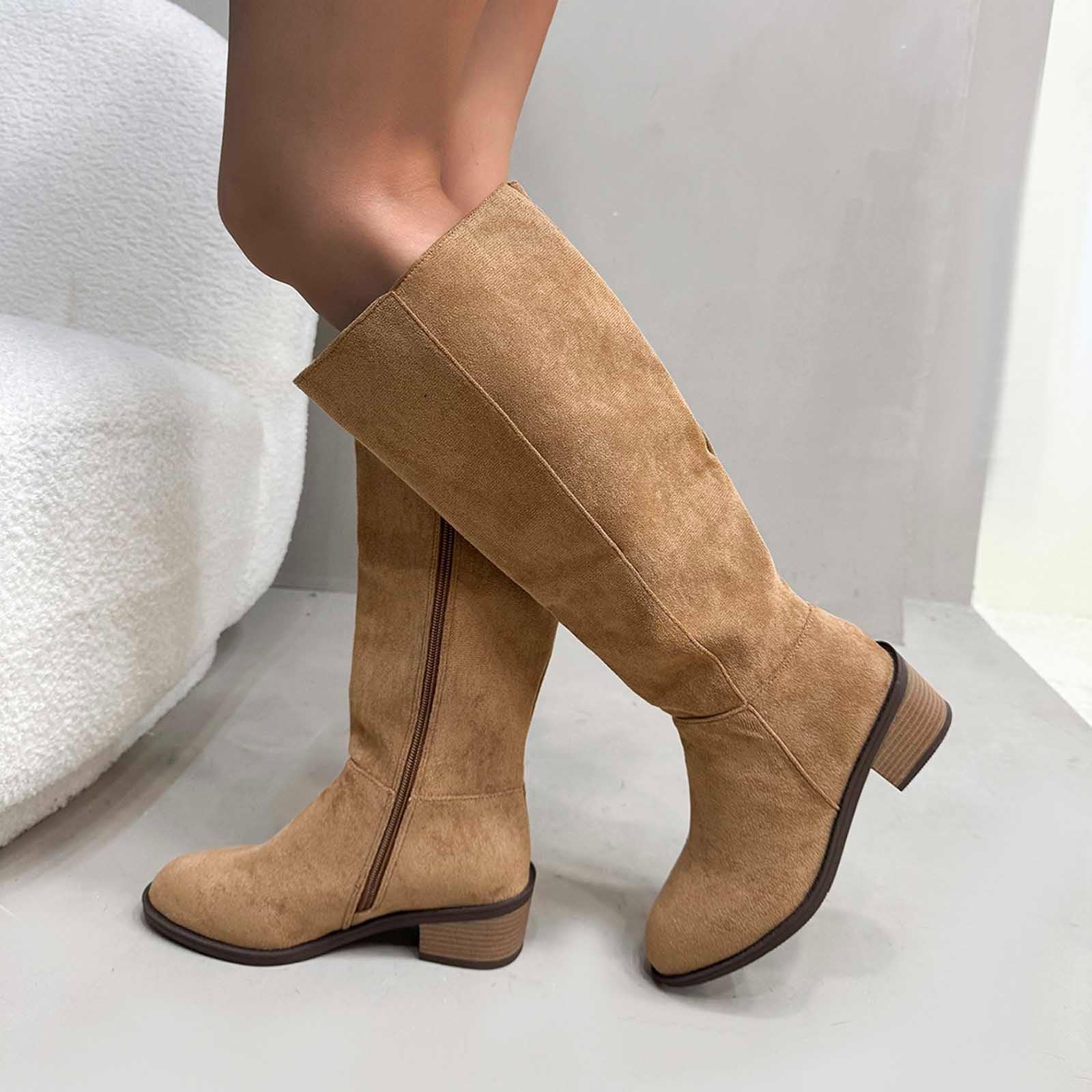 Generisch Stivali da equitazione invernali in pelle scamosciata con polpaccio medio, cerniera laterale, stivaletti, comodi, casual, scarpe alla moda per l'inverno e l'autunno