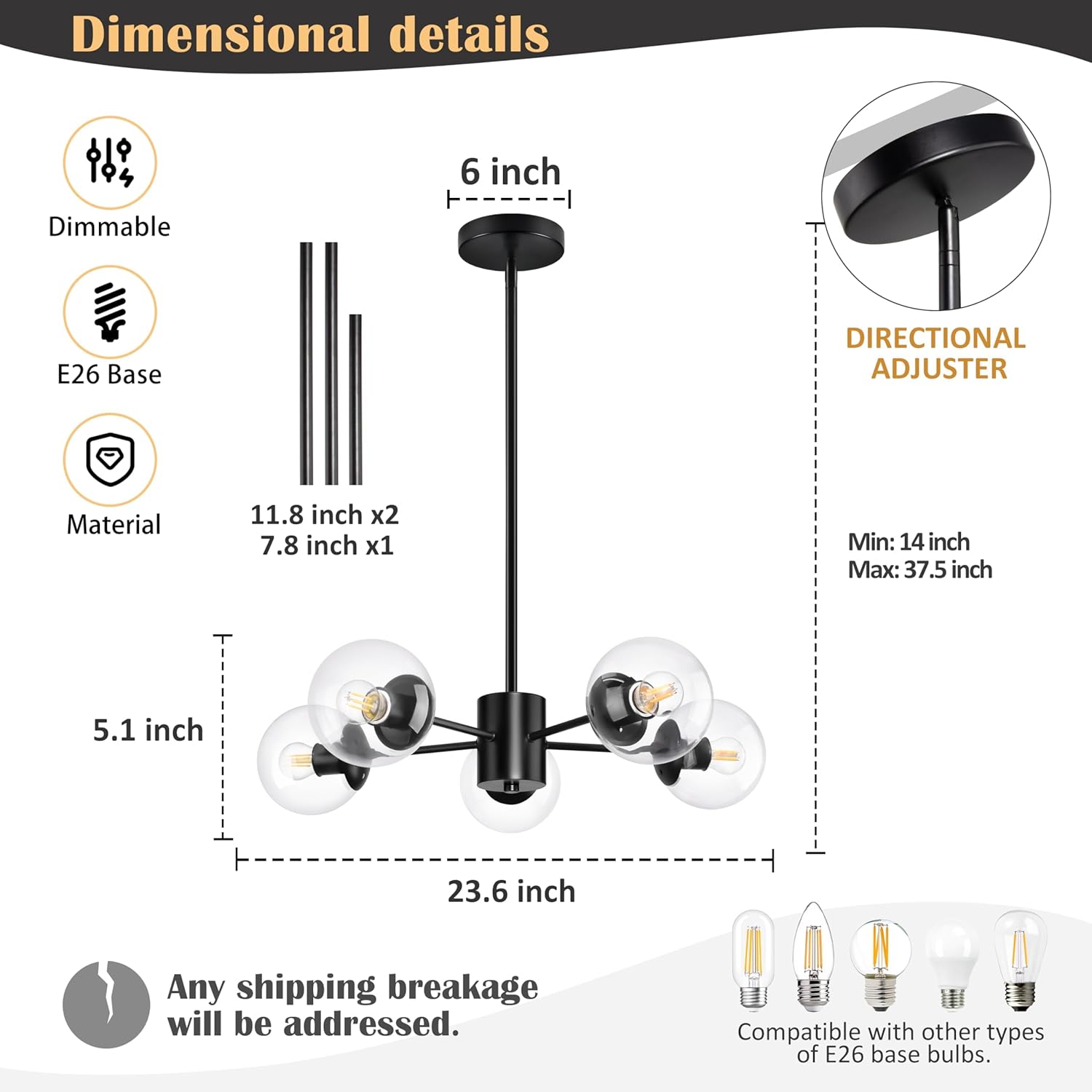 5-Light Globe Sputnik Chandelier Black Mid Century Sputnik Chandeliers Dimmable Globe Pendant Light Matte Black Finished with Clear Glass Lampshade Chandeliers for Dining Room