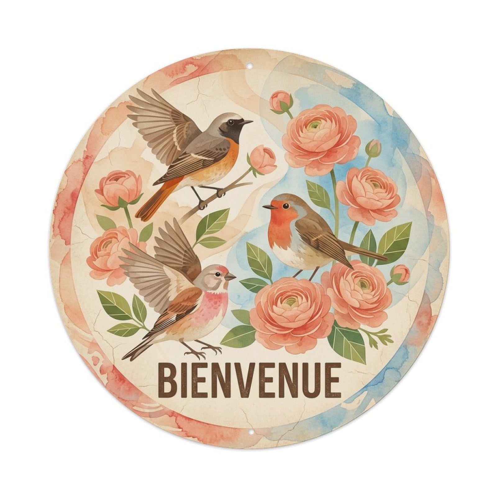 Ranunculus Watercolor Bird Slogan Bienvenue Metal Tin Sign