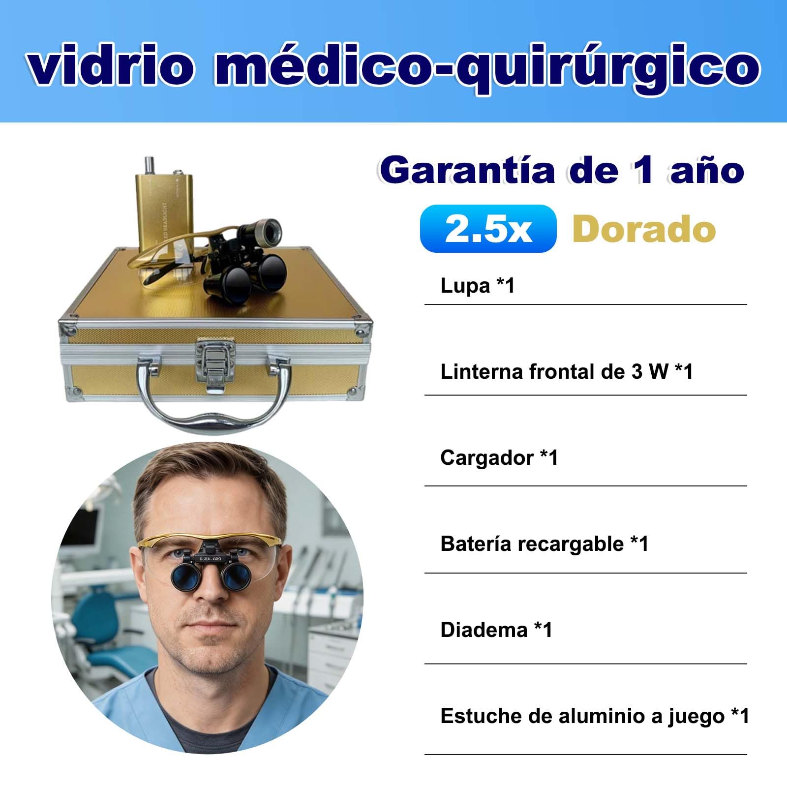 Lupa de 3,5 x 420 mm,de Ajuste de Dos Vías Gafas Mde Lupa Binocular,utilizada en ortopedia, microcirugía, cirugía, cirugía oral, lupas binoculares.