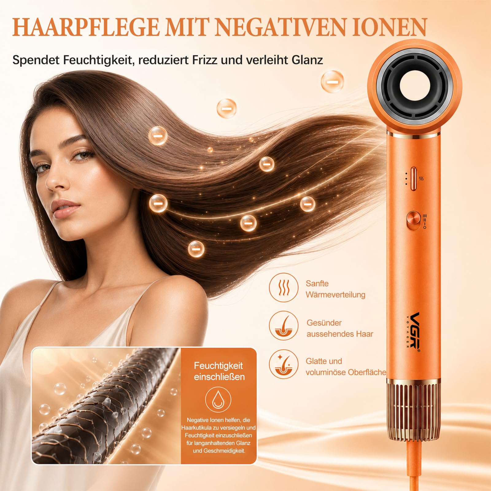 VGR 478 6-in-1 Hairstyler, 1300W Haarstyling Geräte Mit Föhnbürste Und Rundbürstenföhn, Airstyler Mit 3 Lüftergeschwindigkeitsstufen Und 4 Temperaturstufen, Lockenföhn Mit Abnehmbare Rückseite, Orange