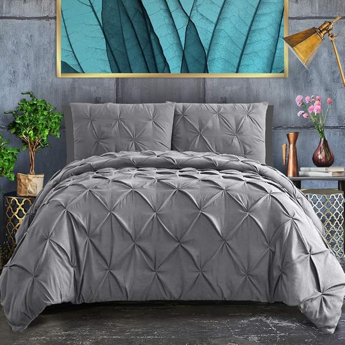 3 Piece Grey Queen Duvet Cover Luxurious Pinch Pleated Duvet Cover with