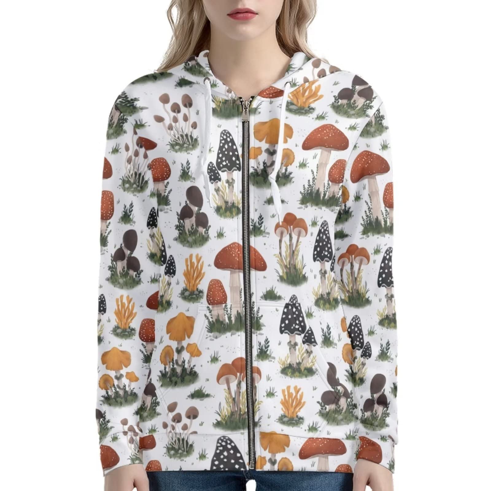 HUIACONG Damska bluza z kapturem zapinana na zamek błyskawiczny dla nastolatek sweter XS-5XL rozmiar, Różnorodność grzybów białe, XS