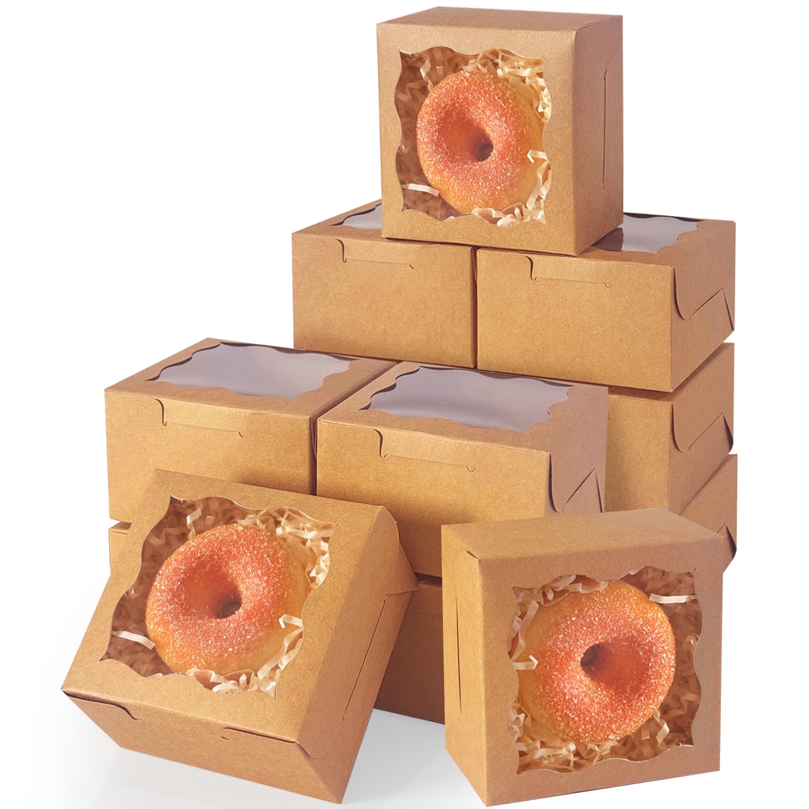 Qiqee Brown Bakery Box With Window 4"X4"X2.5" 200 Packs Macaron Boxes Small Donut Pastry Boxes For Party Mini Cookie Boxes