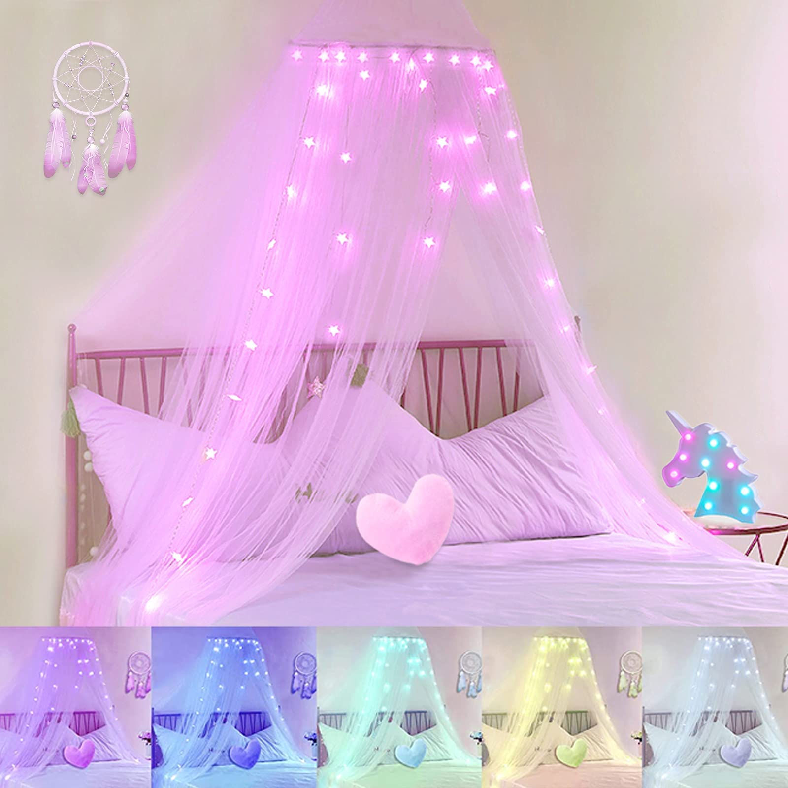 Pooqla Valentines Pink Bed Canopy with Lights, Bed Curtain Canopy for Girls with 100LED Color