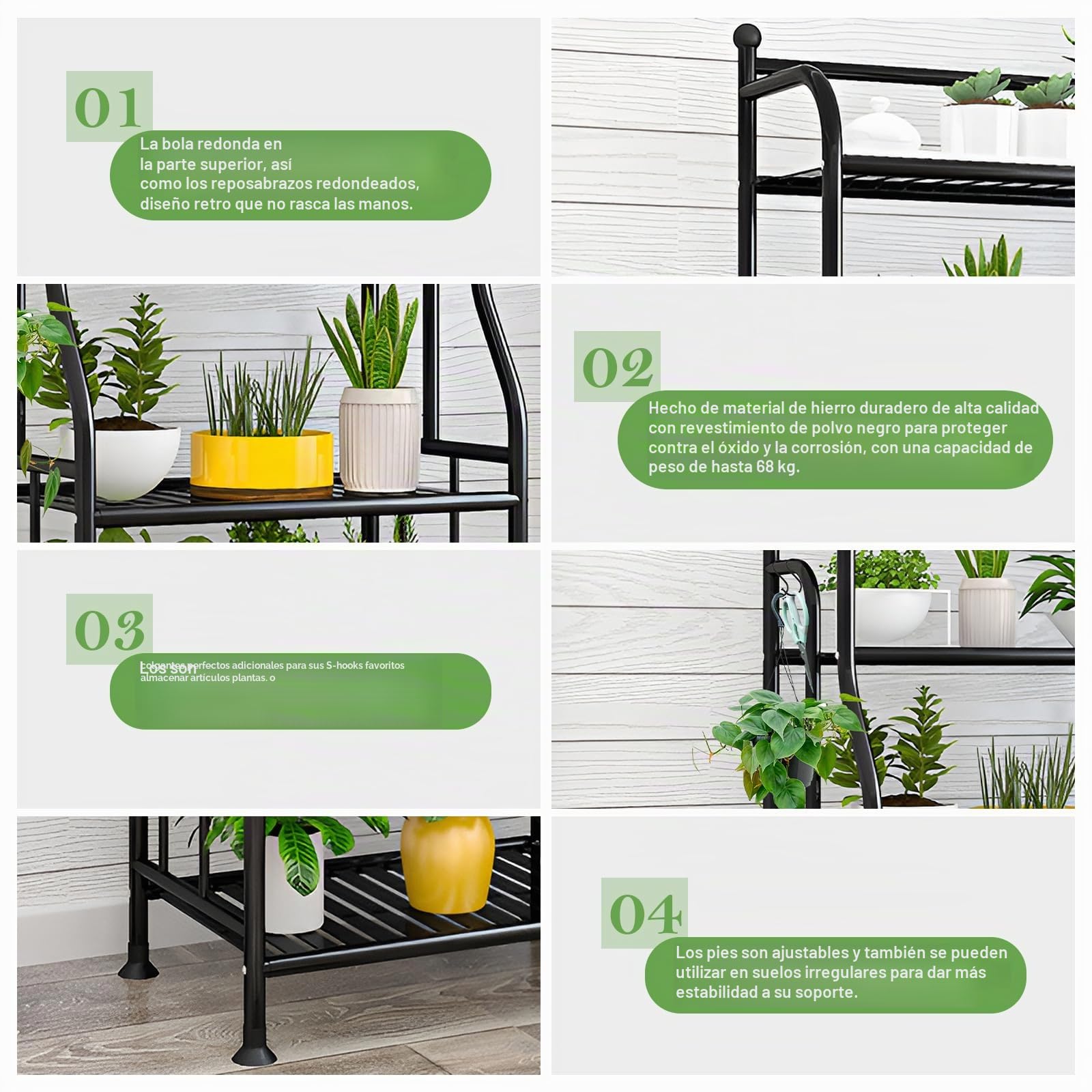 Estantería para Plantas de Metal 5 Niveles, Soporte para Macetas con 10 Ganchos, Negro Multifuncional Almacenamiento con Gran Capacidad para Interior y Exterior, Balcón, Jardín