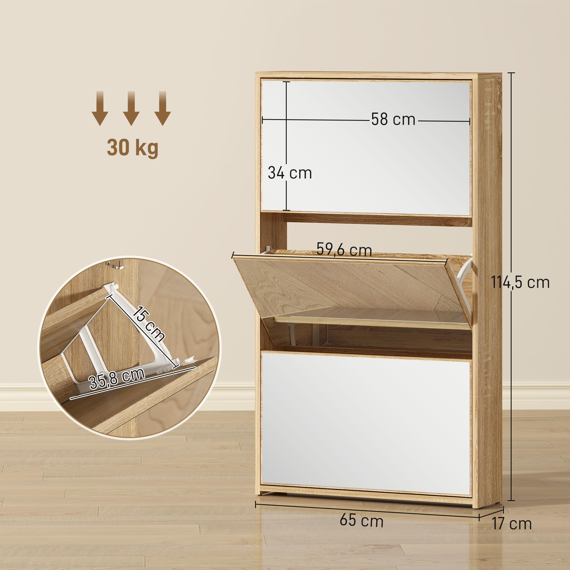 HOMCOM Zapatero Estrecho 3 Puertas con Espejo 65x17x114,5 cm Natural | Zapatero Entrada Recibidor, para 9 Pares de Zapatos, para Pasillo, Espacios Reducidos