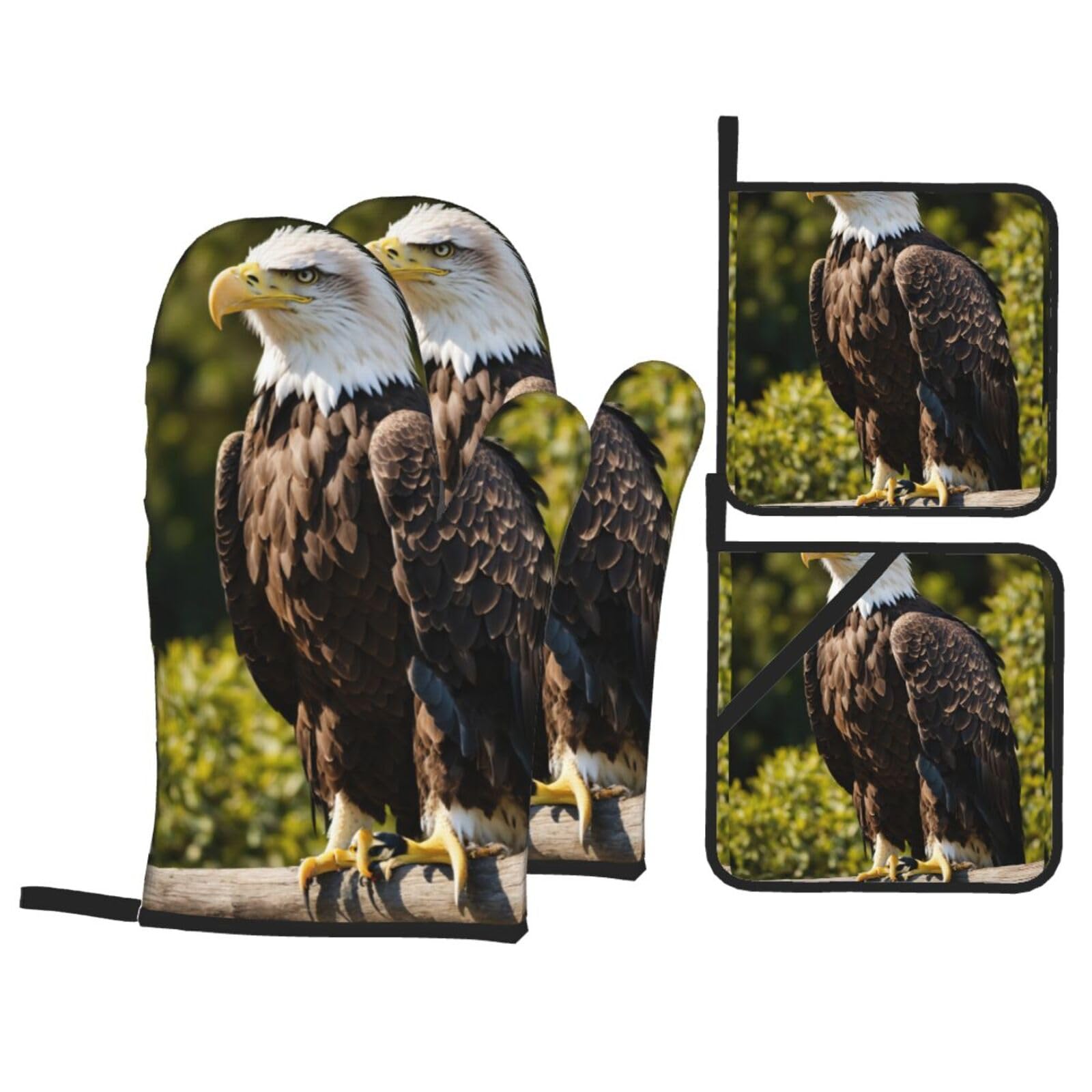 Flying Eagle Print Kitchen Oven Mitts And Pot Holders Set,Hanging Loop Design For Cooking Baking Bbq