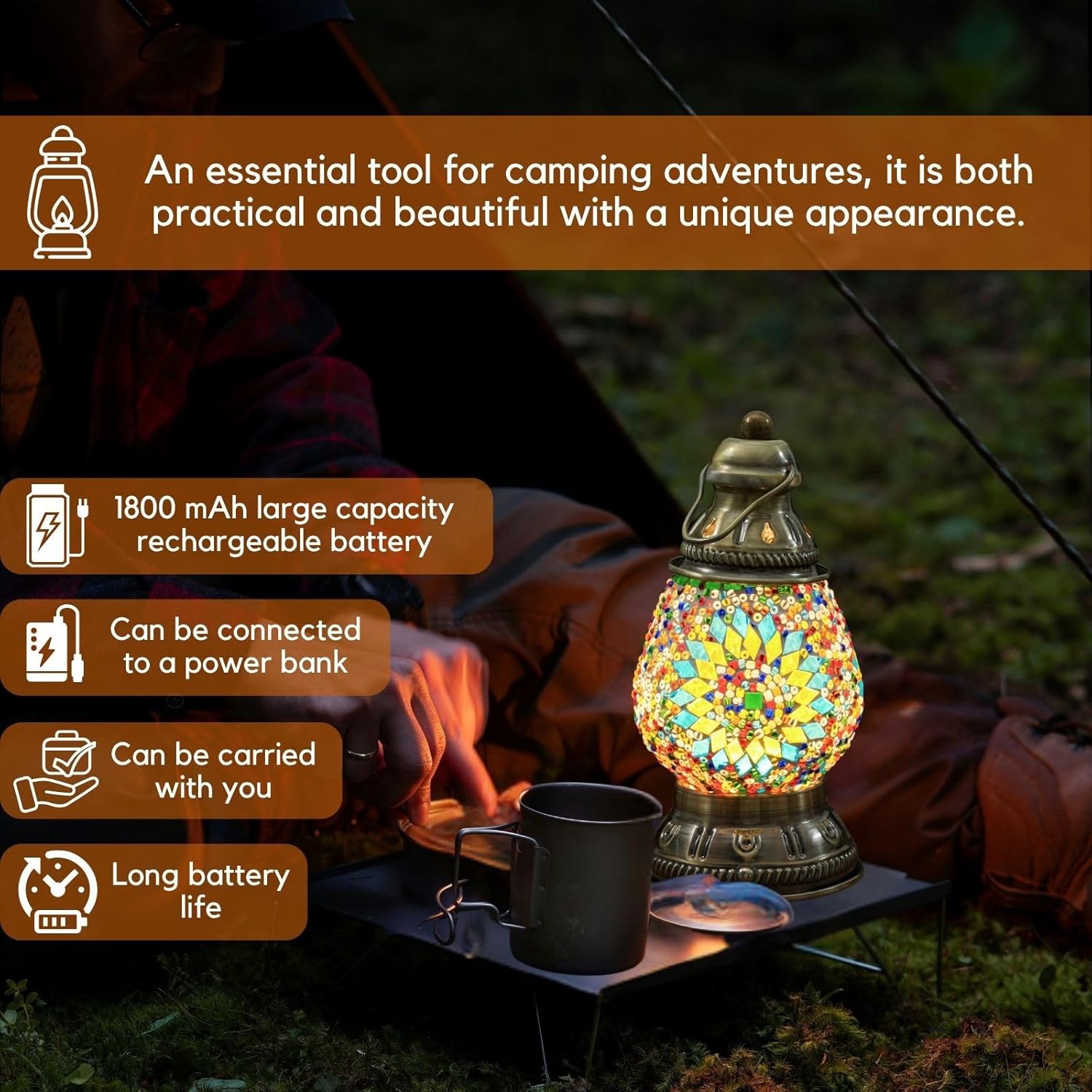 Turkish Mosaic Table Lamp Handmade Moroccan Camping Light Rechargeable 1800mAh Battery USB Touch Switch 3 Brightness Levels for Camping Home Decor