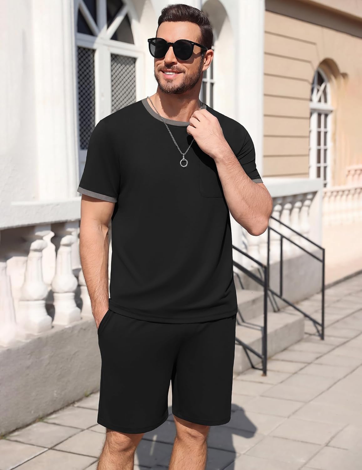 Ekouaer Mens Pajamas Sets Shorts Soft Short Sleeve Pjs Moisture Wicking Summer Sleepwear Casual Lounge Sets with Pockets - Image 5