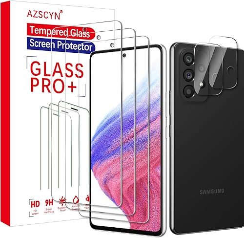 Paquete de 3+3 Protector de pantalla para Samsung Galaxy A53 5G, paquete de 3 películas de vidrio templado y 3 protectores de lente de cámara, sin