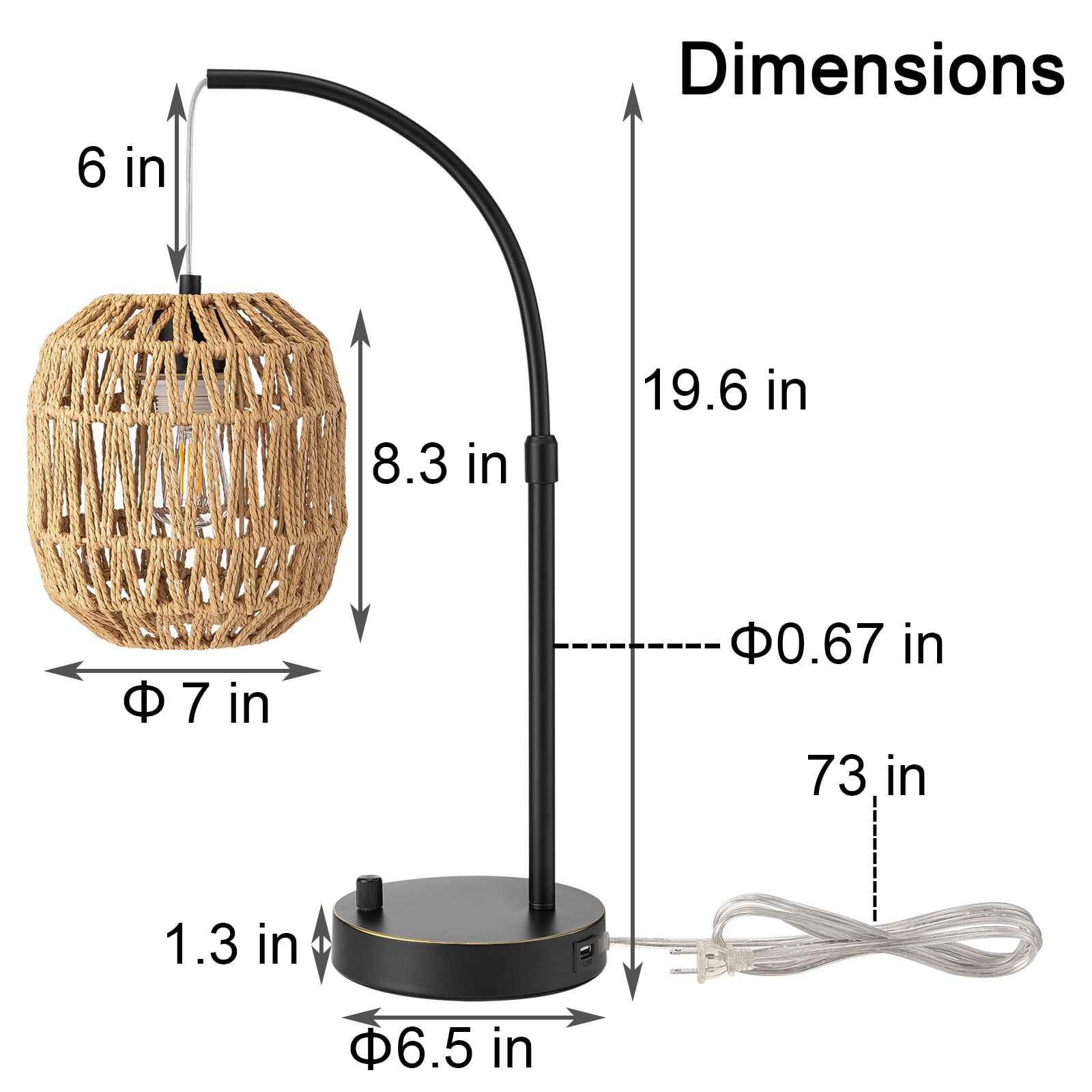 Tall Industrial Table Lamp for Bedroom with USB Port,Charging Farmhouse Coastal Lamps Black with Rattan Lamp Shade Edison Bedside Nightstand Lamp Boho Side Table Desk Lamps for Home Office.