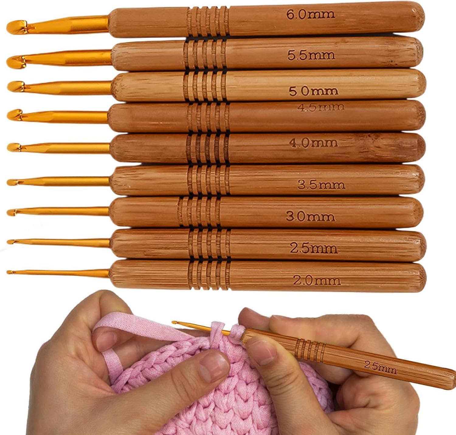 LeafLoom 8 Pieces Crochet Hooks Ergonomic Handle Crochet Hooks Set Soft Bamboo Handle Crochet Crochets for Arthritic Hands Lace Set Knitting Needles Hooks (Wooden Crochet Hook Gold)-image-38