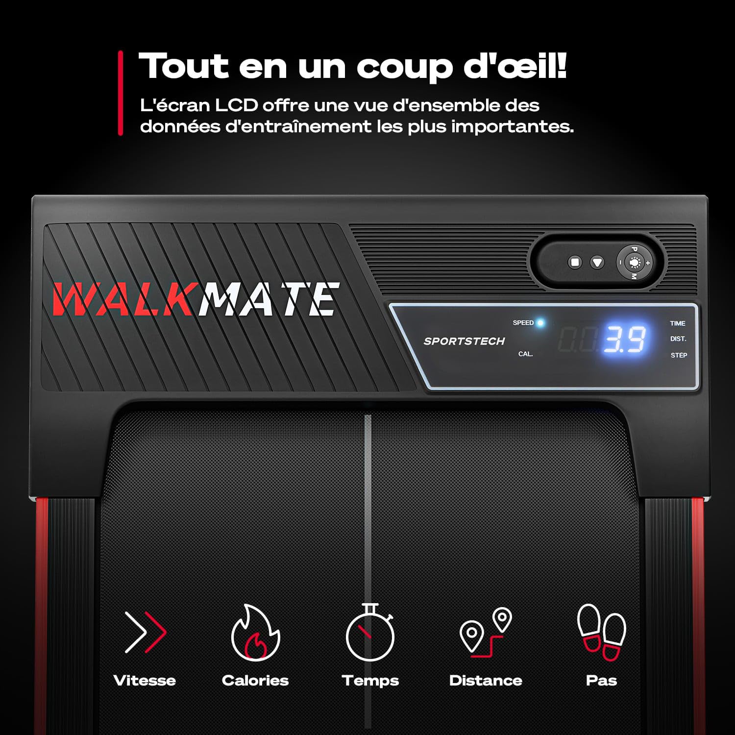 Sportstech Walking Pad Jusqu’à 6 km/h – Inclinaison Manuelle Jusqu’à 5 %, télécommande et Commande Via appli, écran LCD, podomètre, léger et Compact, roulettes de Transport, WalkMate Jusqu’à 120 kg