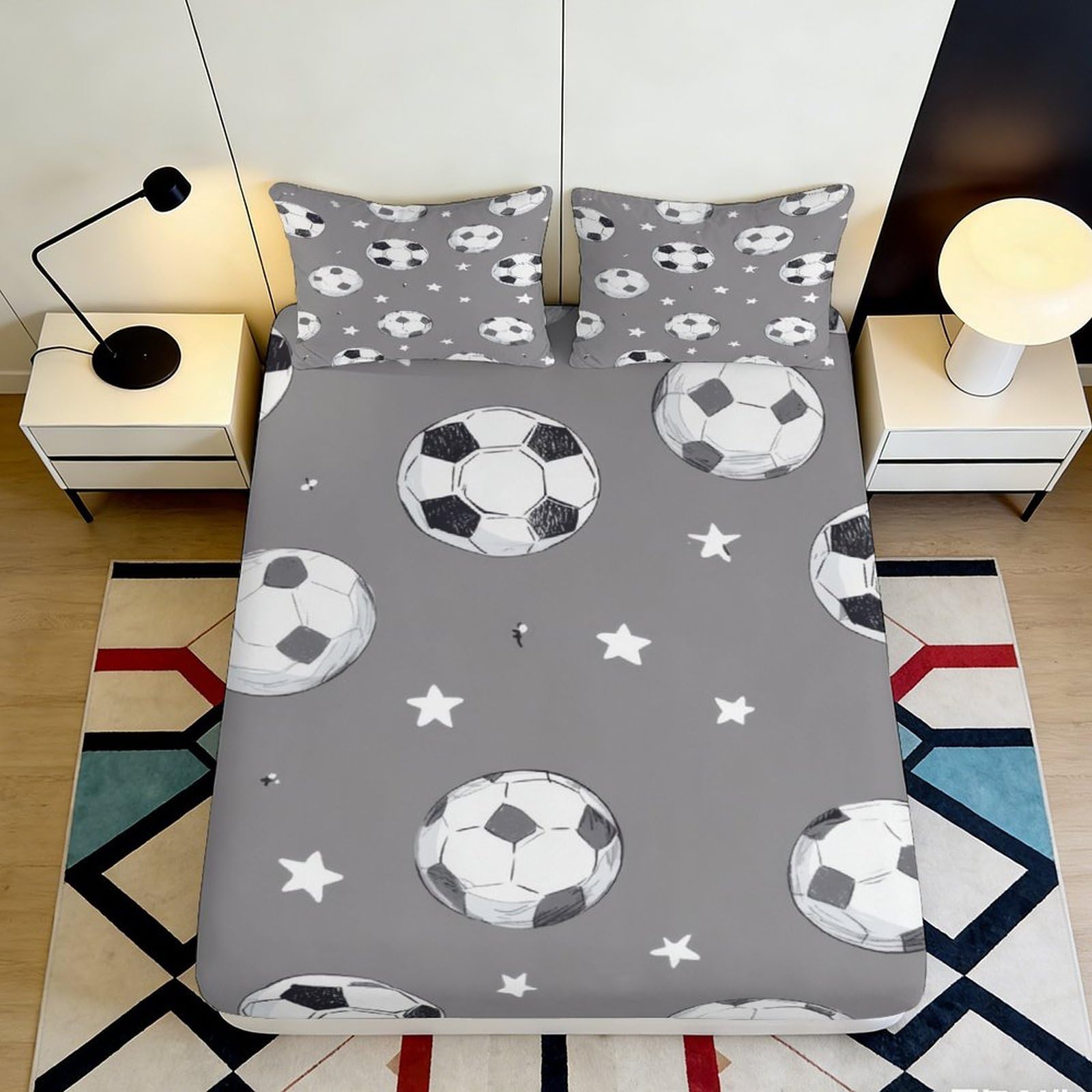 Jqzkxnhpbr Style-2 3D Printed Soccer Ball Fitted Sheet Microfiber Grey Bedroom Decor Star Pattern Mattress Cover For Home Dorm 90X200x25cm