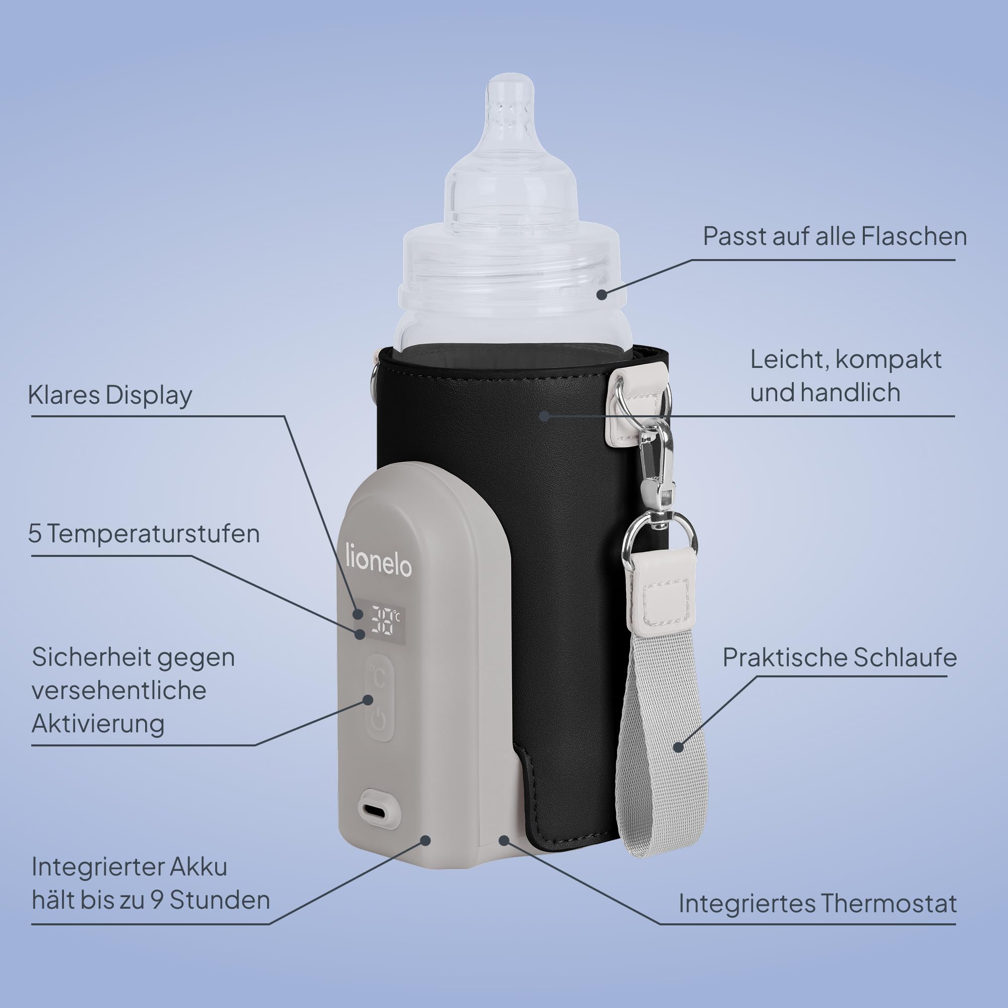 LIONELO Thermup Go Evo Tragbarer Babyflaschenwärmer hält Flüssigkeiten warm | 5 Betriebstemperaturen von 38 bis 50o C, USB-C Aufladung, bis zu 9 Stunden Betrieb, LCD Display