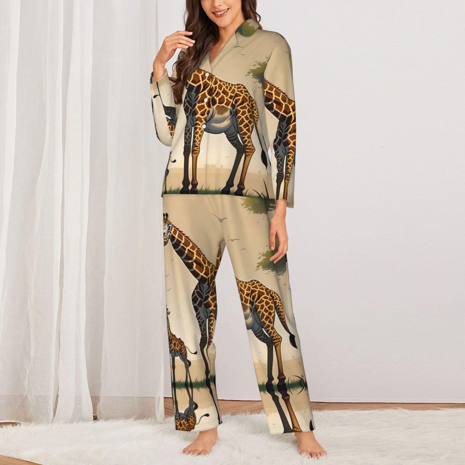 Pigiama da donna con stampa giraffa madre e bambino a maniche lunghe - Morbido e caldo abbigliamento da casa autunno/inverno -