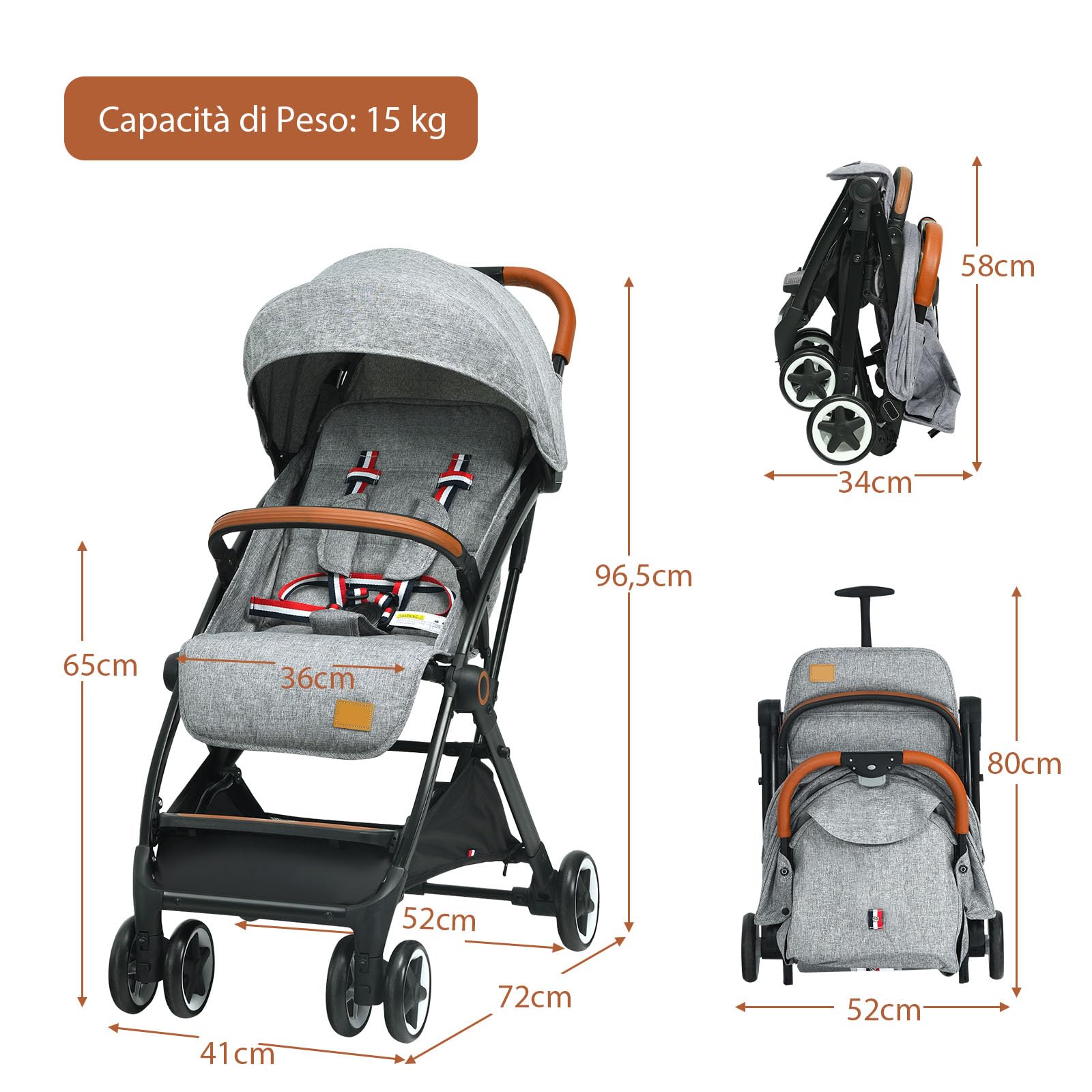 Costway Passeggino Leggero per Bambini 0-3 Anni fino 15 kg, Schienale e Poggiapiedi Regolabili, Cappottina e Zanzariera, Compatto Pieghevole Grigio