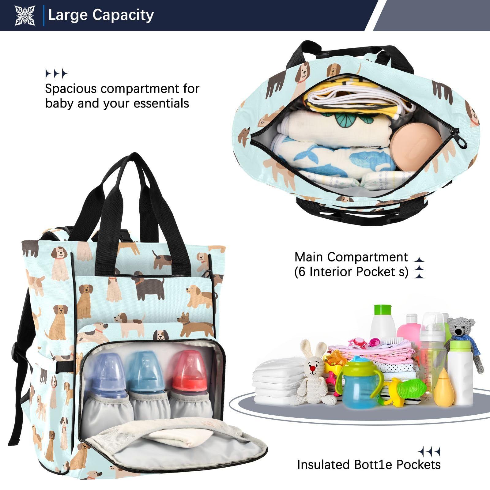 Mnsruu Zaino con cani in diverse pose modello borsa per pannolini per bambini borsa grande borsa impermeabile da viaggio borse per pannolini per mamme e papà