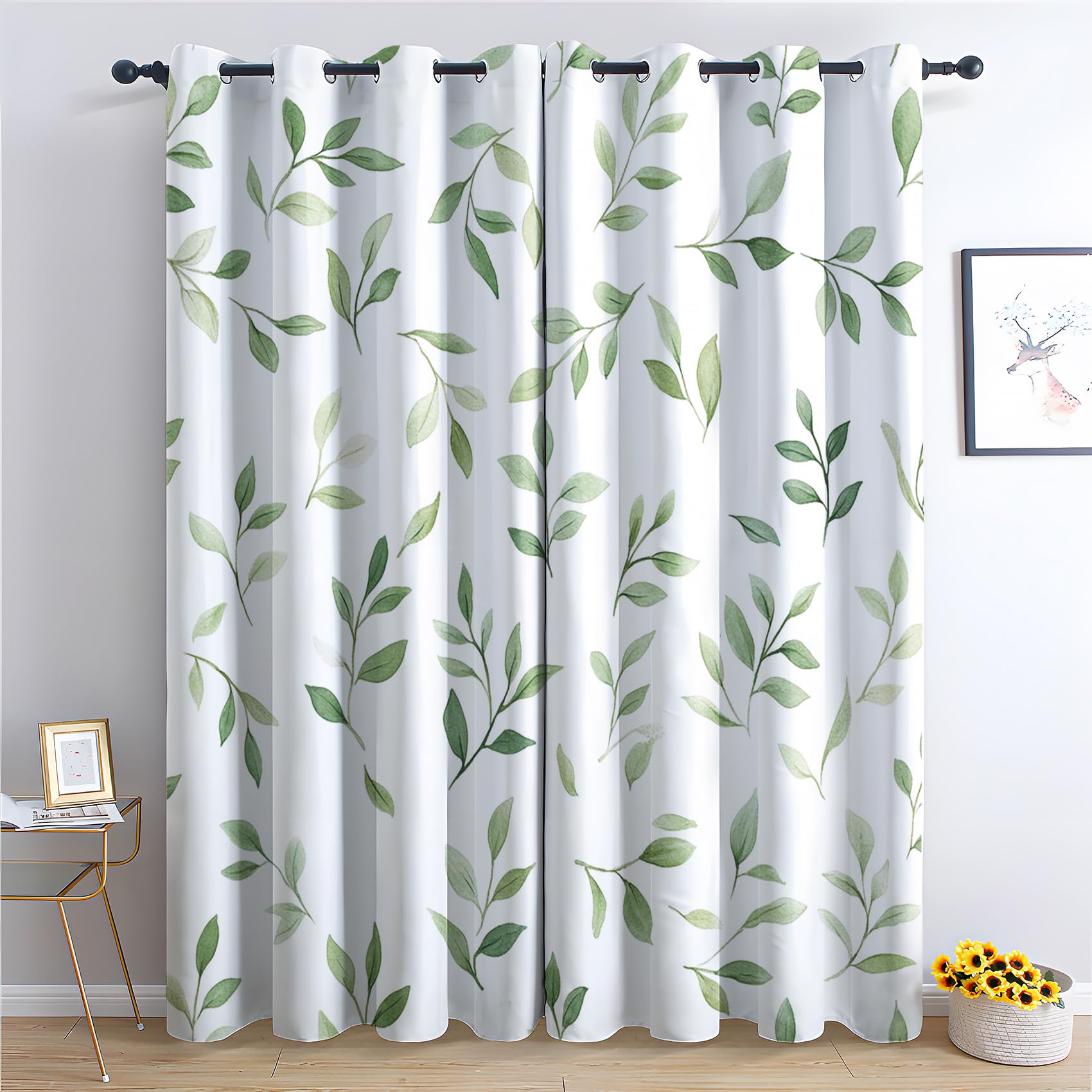 Zcwl Multicoloured Green Leaf Curtains For Bedroom Living Room, Nature Botanical Patterned Blackout Curtains, Thermal Insulated Eyelet Curtain, 90 Drop Window Treatments Drapes, 66X90 Inch (W X L), 2 Panels
