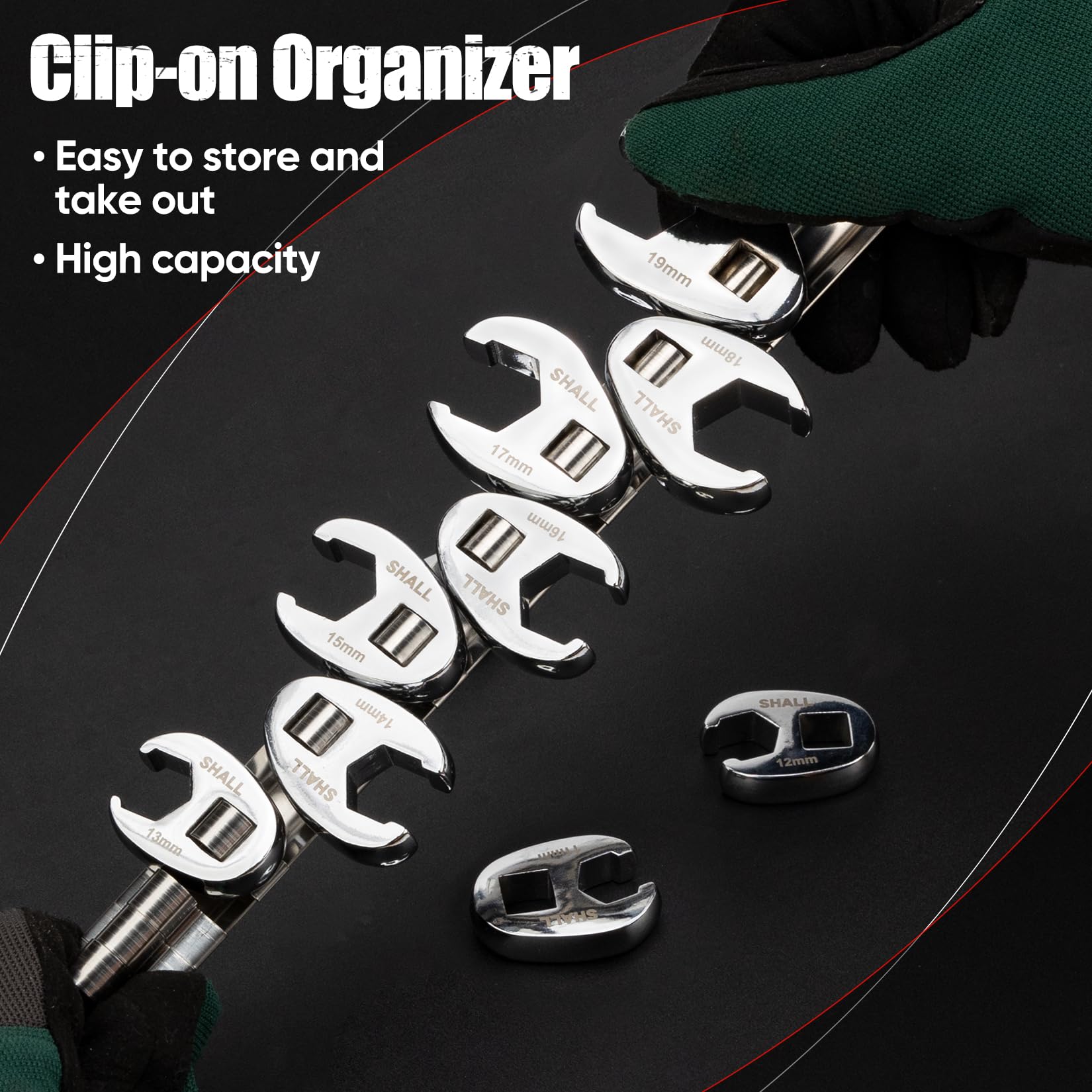 Shall 3/8" Flare Nut Wrench Set, 10-Piece Metric Crowfoot Flare Nut Tool Kit for Nut Removal 10-19mm, Clip-on Organizer - Image 4