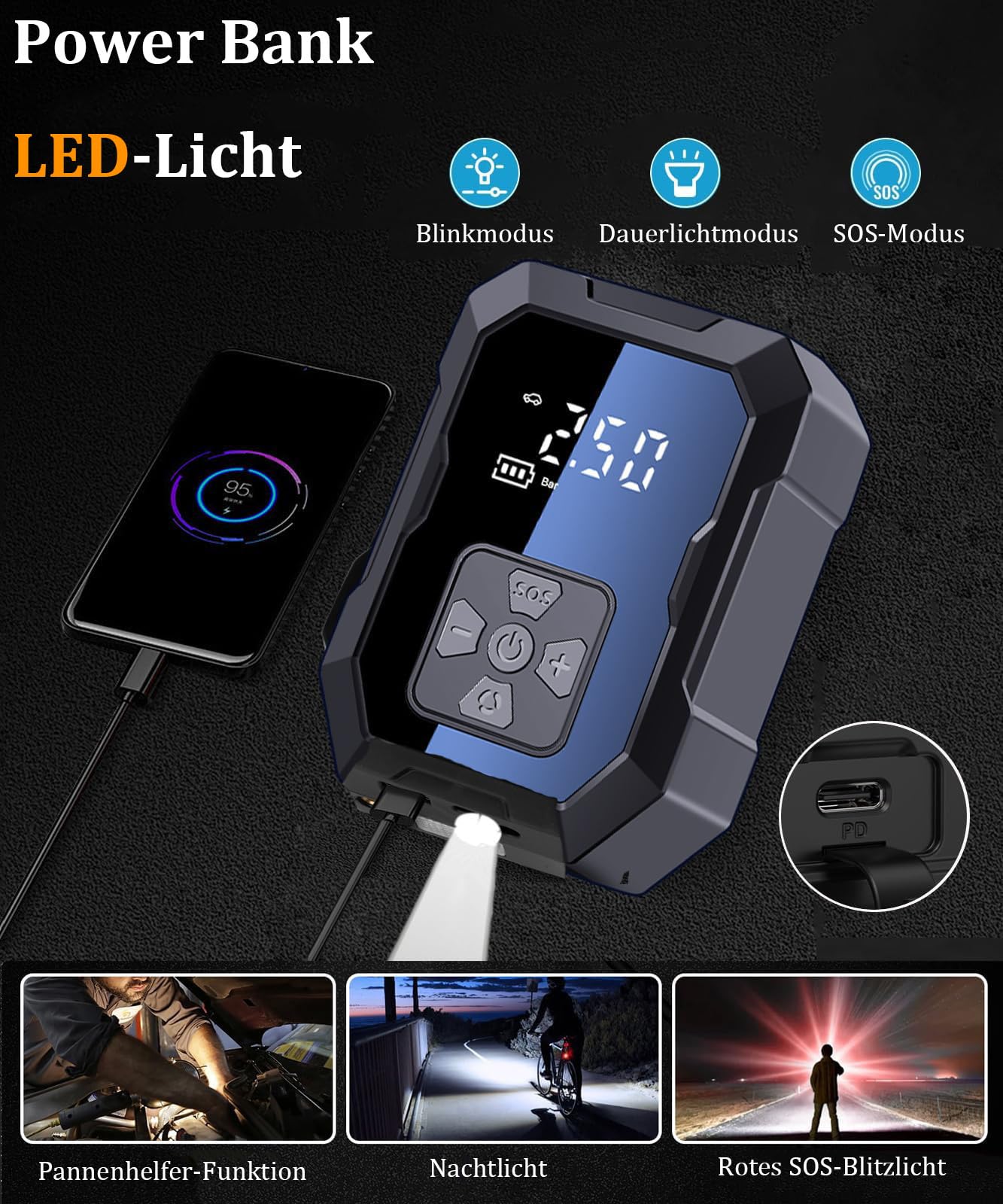 AI Ultra Reifenpumpe 150 PSI Akku Kompressor Elektrische Luftpumpe Auto fahrradpumpe SUP Sprachassistenz Digitalanzeige Powerbank LED SOS Schnellladung mini Kompressor Schlauchboote Zelte Kite Wings