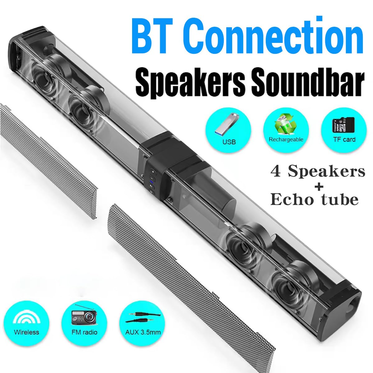 Soundbar per TV, Soundbar Bluetooth 2 in 1, altoparlanti per PC da 20 W, soundbar con USB, TF, FM, TWS, RCA e AUX, 4 altoparlanti, batteria 2000 mAh, RCA