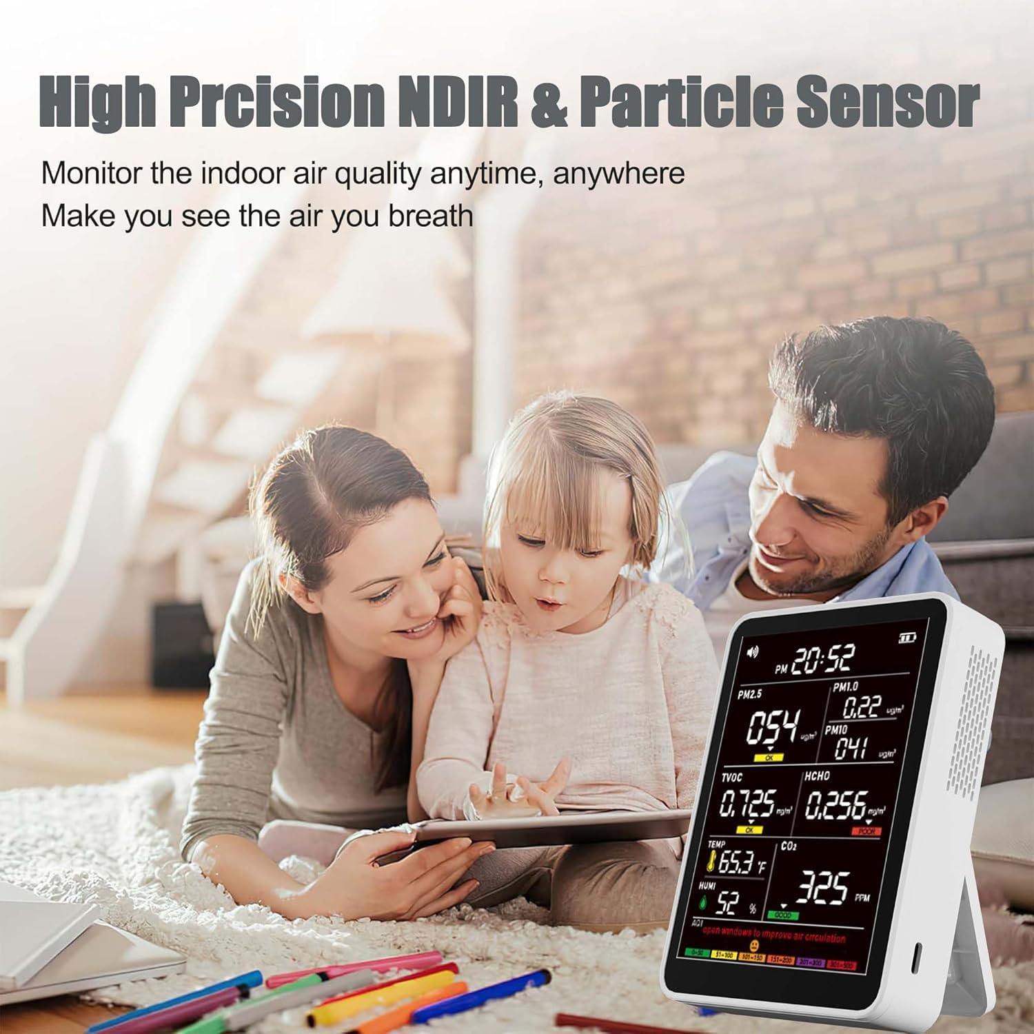 Monitor profesional de calidad del aire interior con AQI, detector portátil en tiempo real para coches, plantas y mascotas