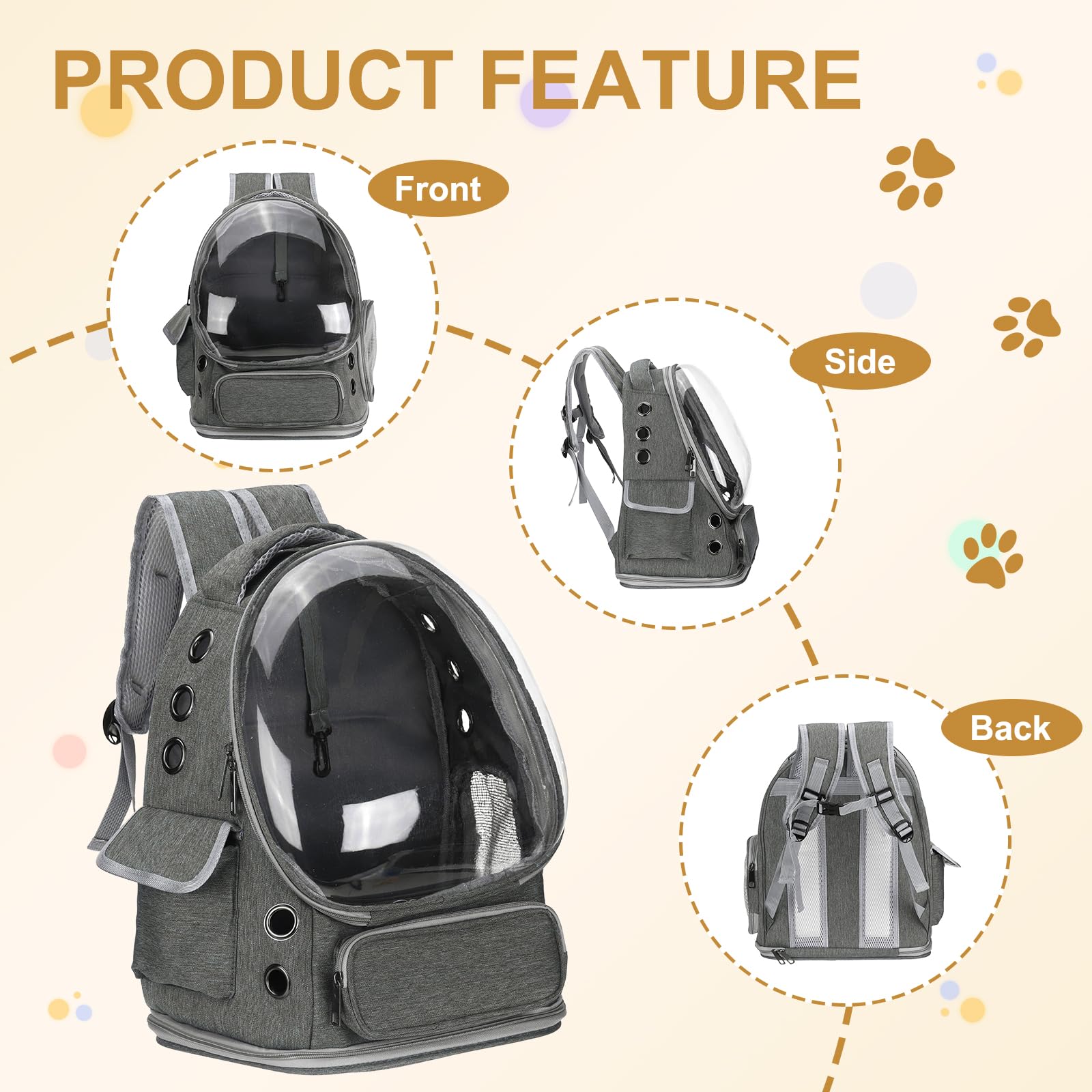 QUARKZMAN Mochila Transportadora para Mascotas, Portátil Y Ventilada, Tela Oxford, Bolsa De Viaje para Perros Y Gatos con Cubierta Transparente 13.39", (Gris, 1 Unidad)