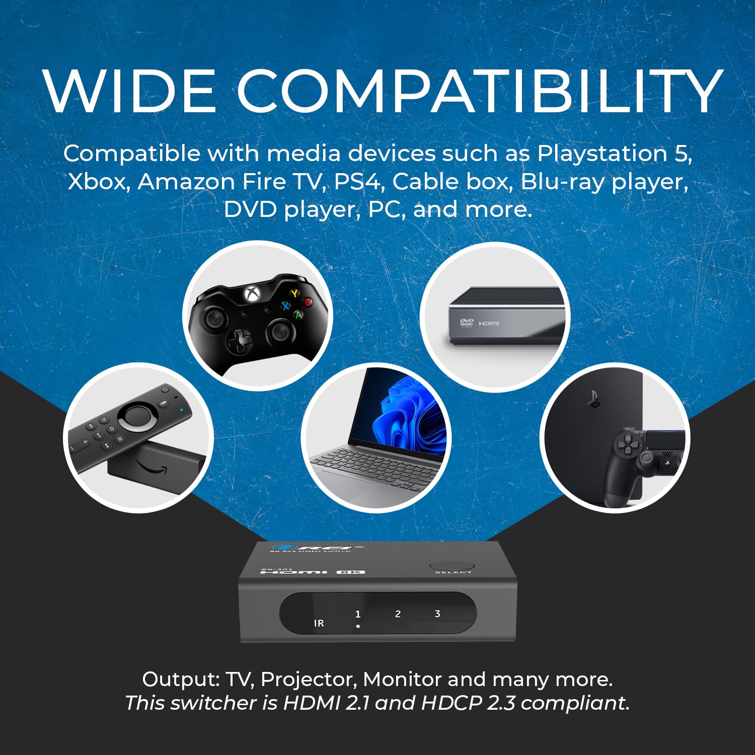 OREI Commutateur HDMI avec 4K@120Hz 4:4:4 / 8K@60Hz 4:2:0 - HDR10+, VRR, ALLM, QFT - Bande passante 48 Gbps - Switch HDMI avec télécommande - Parfait pour Les Jeux avec PS5/Xbox